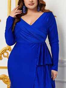 Plus Size Women's Cross V-Neck Draped Ruffle Hem Mermaid Formal Dress - Royal Blue - View 3
