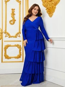 Plus Surplice Neck Draped Ruffle Trim Mermaid Hem Formal Dress