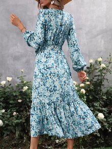 SHEIN VCAY Allover Floral Print Lantern Sleeve Ruffle Hem Belted Dress - Blue - View 2