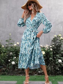 SHEIN VCAY Allover Floral Print Lantern Sleeve Ruffle Hem Belted Dress - Blue - View 3