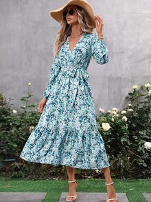 SHEIN VCAY Allover Floral Print Lantern Sleeve Ruffle Hem Belted Dress - Blue - View 5