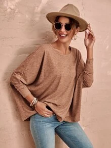 SHEIN LUNE Camiseta unicolor de manga murciélago - Marrón Mocha - Ver 1