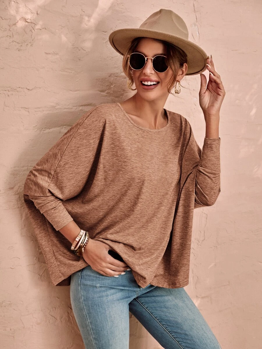 SHEIN LUNE Camiseta unicolor de manga murciélago - Marrón Mocha - Ver 1