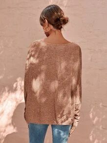 SHEIN LUNE Camiseta unicolor de manga murciélago - Marrón Mocha - Ver 2