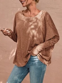 SHEIN LUNE Camiseta unicolor de manga murciélago - Marrón Mocha - Ver 3