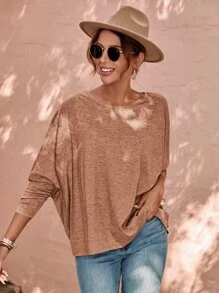 SHEIN LUNE Camiseta unicolor de manga murciélago - Marrón Mocha - Ver 4