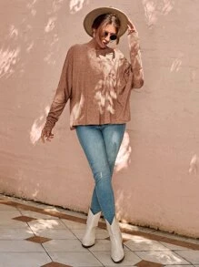 SHEIN LUNE Camiseta unicolor de manga murciélago - Marrón Mocha - Ver 5