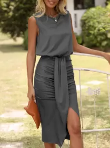 SHEIN Clasi 素色褶邊高衩連衣裙 - 深灰色 - 查看 4