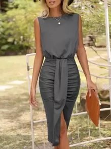 SHEIN Clasi 素色褶邊高衩連衣裙 - 深灰色 - 查看 5