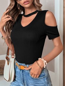 SHEIN LUNE 鏤空挖肩條紋針織T恤 - 黑色 - 查看 5