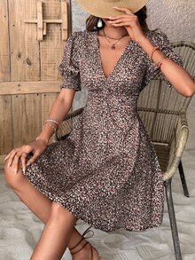 SHEIN VCAY Ditsy Floral Print Puff Sleeve Dress - Black - View 7