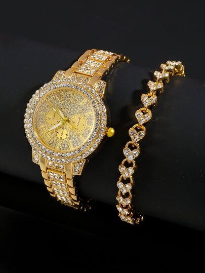 1只女士鋅合金錶帶華麗鑲嵌鑽石裝飾圓錶盤石英手錶和1條手鍊，適用於日常生活度假