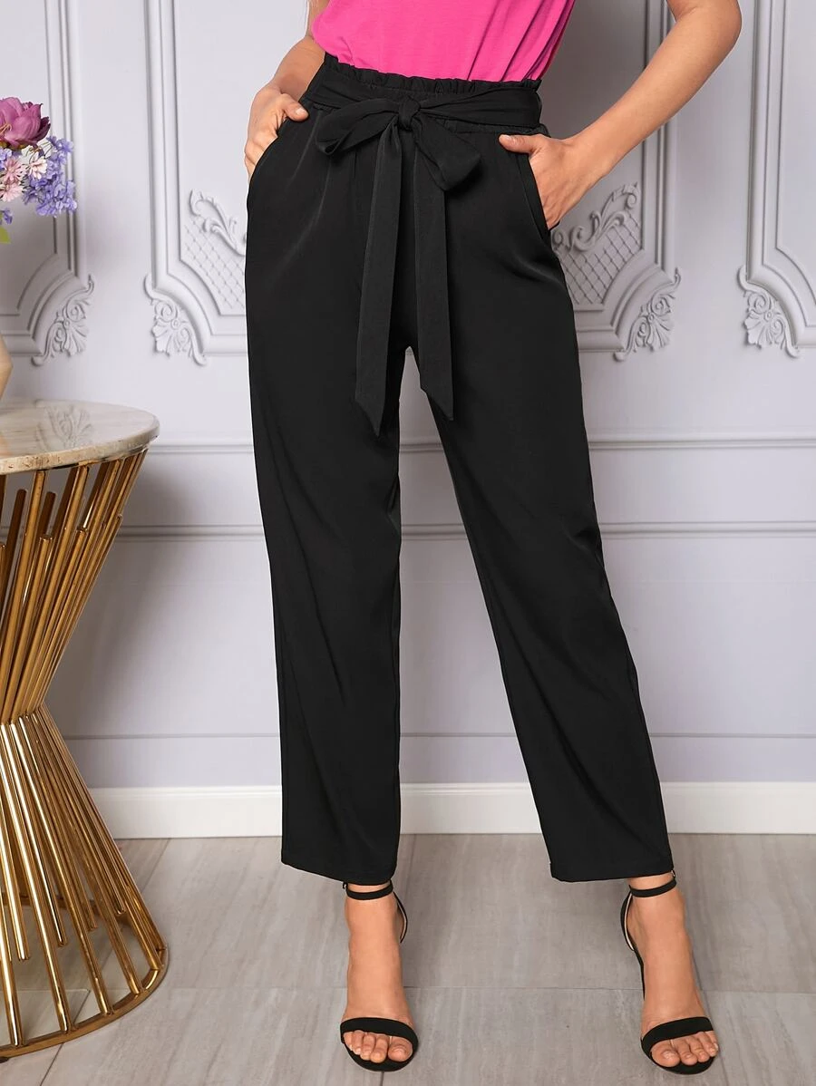 SHEIN Clasi 紙袋腰前繫帶斜口袋長褲 - 黑色 - 查看 1