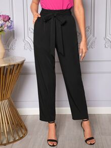 SHEIN Clasi 紙袋腰前繫帶斜口袋長褲 - 黑色 - 查看 6