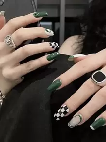 YADORNOS Get Romantic With 24pcs Long Coffin Green Checkerboard French Plaid Pattern Fake Nail & 1pc Nail File & 1sheet Nail Tape For Women And Girls Press On Nails Nail Supplies - Multicolor - View 1