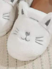 Fall/Winter Women Cat Embroidered Cartoon Ear Decor Novelty Slippers, Preppy White Fabric Slippers,Fluffy Slippers - White - View 6