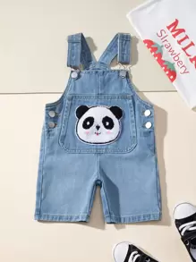 Baby Boy Panda Patched Denim Dungaree Romper - Medium Wash - View 1