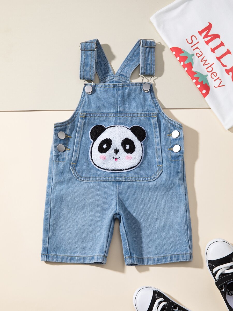 Baby Boy Panda Patched Denim Dungaree Romper - Medium Wash - View 1
