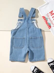 Baby Boy Panda Patched Denim Dungaree Romper - Medium Wash - View 2