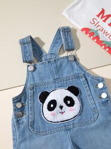 Baby Boy Panda Patched Denim Dungaree Romper - Medium Wash - View 3