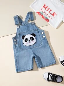 Baby Boy Panda Patched Denim Dungaree Romper - Medium Wash - View 5
