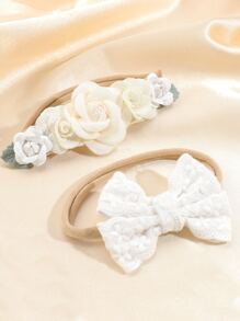 2pcs Baby Flower & Bow Decor Hair Band - White - View 1