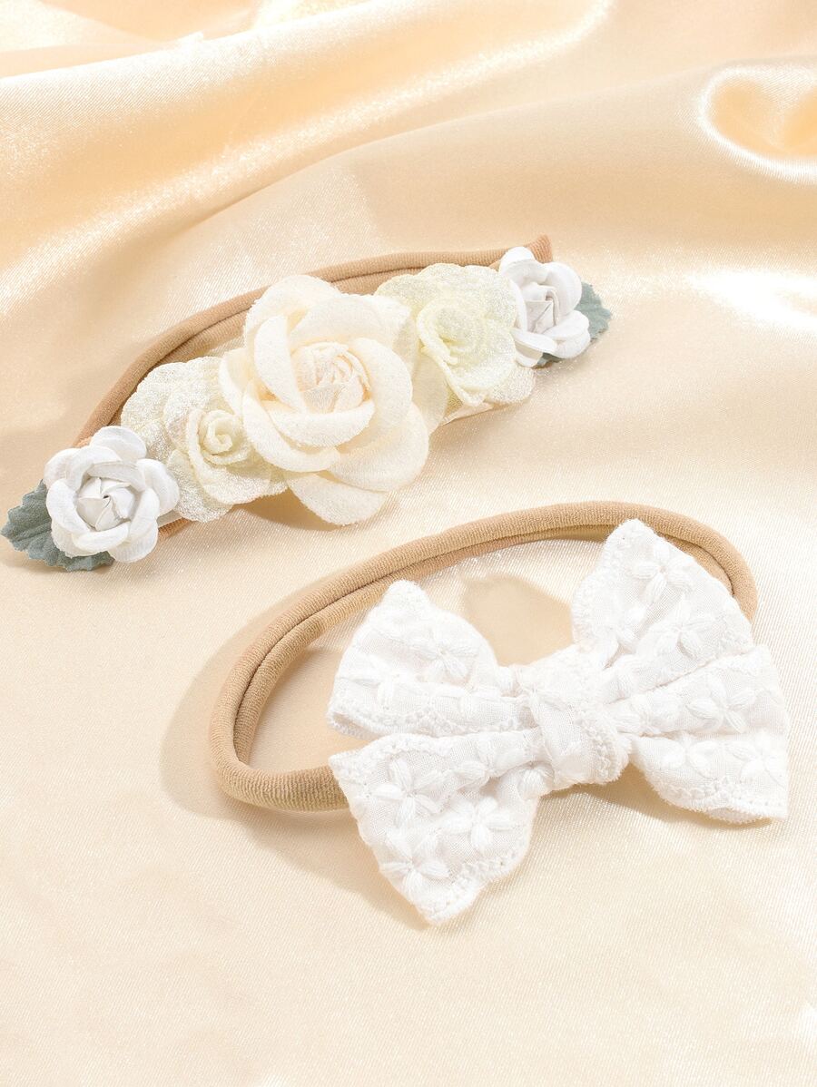2pcs Baby Flower & Bow Decor Hair Band - White - View 1