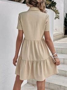 SHEIN VCAY Vestido smock unicolor con botón delantero bajo con fruncido - Caqui - Ver 2