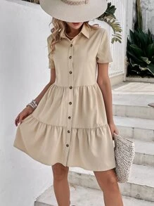 SHEIN VCAY Vestido smock unicolor con botón delantero bajo con fruncido - Caqui - Ver 3