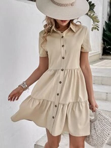 SHEIN VCAY Vestido smock unicolor con botón delantero bajo con fruncido - Caqui - Ver 4