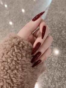 24入組長尖形酒紅色實心假指甲，1入組指甲文件，1張指甲貼紙，時尚女性、女孩壓花甲油供應，瞬間提升造型 - 酒紅色 - 查看 1