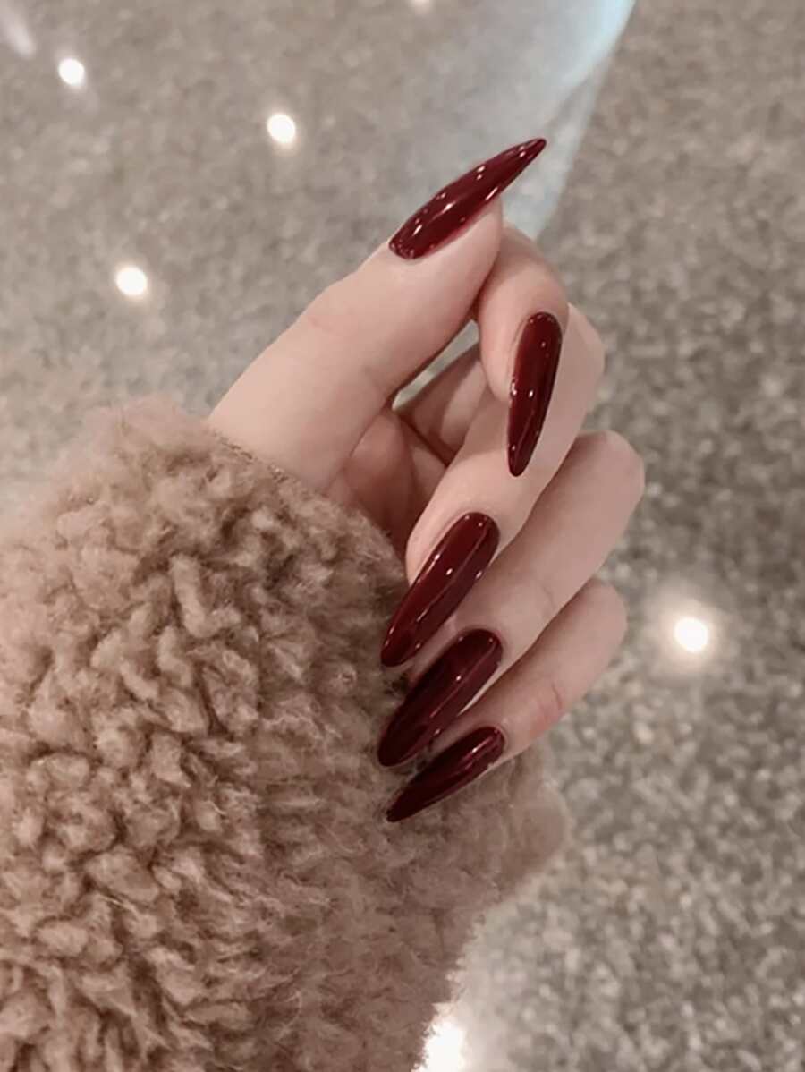 24入組長尖形酒紅色實心假指甲，1入組指甲文件，1張指甲貼紙，時尚女性、女孩壓花甲油供應，瞬間提升造型 - 酒紅色 - 查看 1