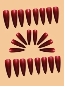 24入組長尖形酒紅色實心假指甲，1入組指甲文件，1張指甲貼紙，時尚女性、女孩壓花甲油供應，瞬間提升造型 - 酒紅色 - 查看 3