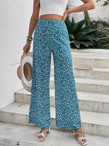 SHEIN VCAY Ditsy Floral Print Wide Leg Trousers - Cadet Blue - View 1