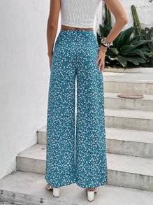 SHEIN VCAY Ditsy Floral Print Wide Leg Trousers - Cadet Blue - View 2