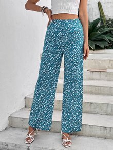 SHEIN VCAY Ditsy Floral Print Wide Leg Trousers - Cadet Blue - View 5