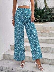 SHEIN VCAY Ditsy Floral Print Wide Leg Trousers - Cadet Blue - View 6