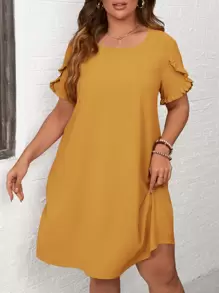SHEIN LUNE Plus Solid Frill Trim Tunic Dress - Yellow - View 1
