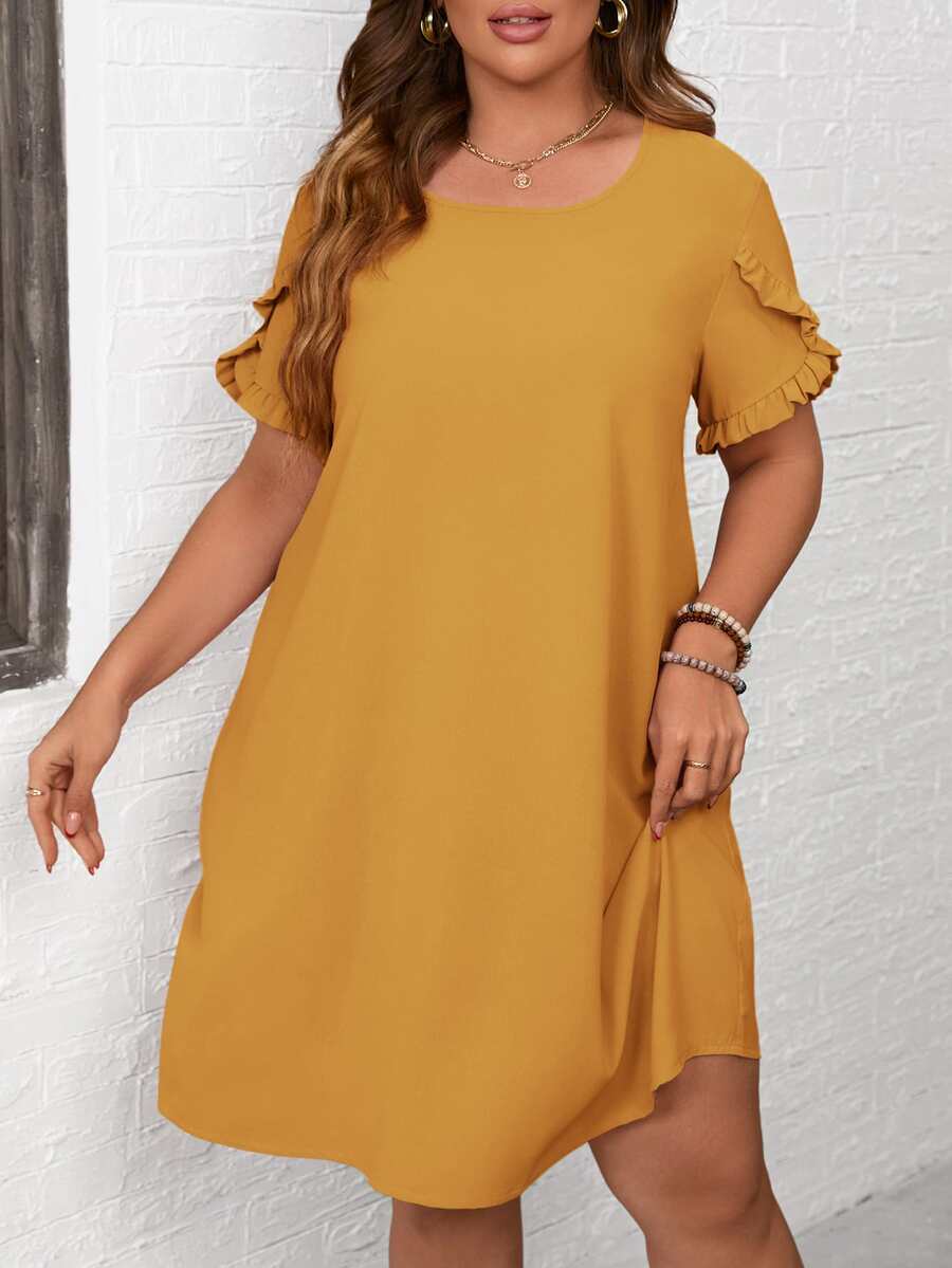 SHEIN LUNE Plus Solid Frill Trim Tunic Dress - Yellow - View 1