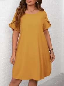 SHEIN LUNE Plus Solid Frill Trim Tunic Dress - Yellow - View 3