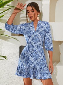 EURMUSE Allover Print Notched Neckline Ruffle Hem Belted Dress - Blue - View 3