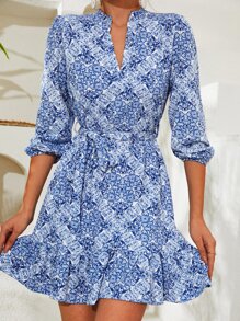 EURMUSE Allover Print Notched Neckline Ruffle Hem Belted Dress - Blue - View 5