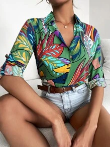 Tropical Print Rolled Up Sleeve Shirt - Green - View 1