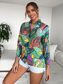 Tropical Print Rolled Up Sleeve Shirt - Green - View 3