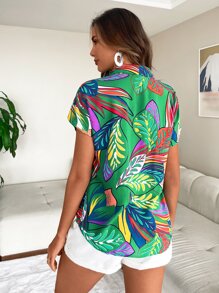EURMUSE Tropical Print Batwing Sleeve Shirt - Green - View 2