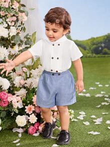 SHEIN Baby Boy Double Breasted Shirt & Shorts - Blue - View 1