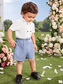 SHEIN Baby Boy Double Breasted Shirt & Shorts - Blue - View 3