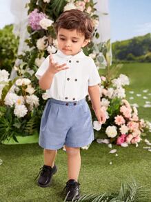 SHEIN Baby Boy Double Breasted Shirt & Shorts - Blue - View 6