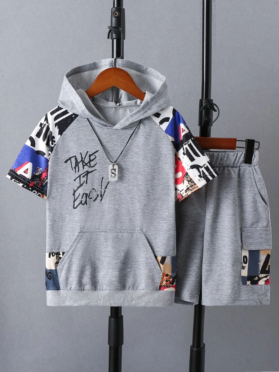 SHEIN Tween Boy Letter Graphic Raglan Sleeve Hoodie & Shorts - Grey - View 1