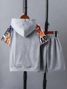 SHEIN Tween Boy Letter Graphic Raglan Sleeve Hoodie & Shorts - Grey - View 2